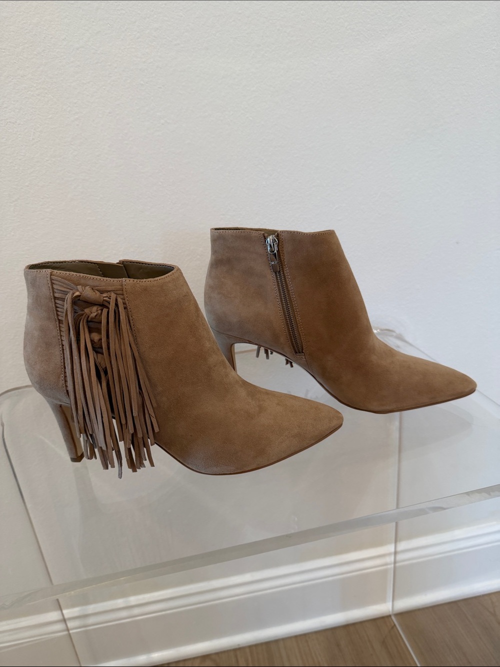Marc Fisher Taupe Suede Fringe Pointed Ankle Boots
